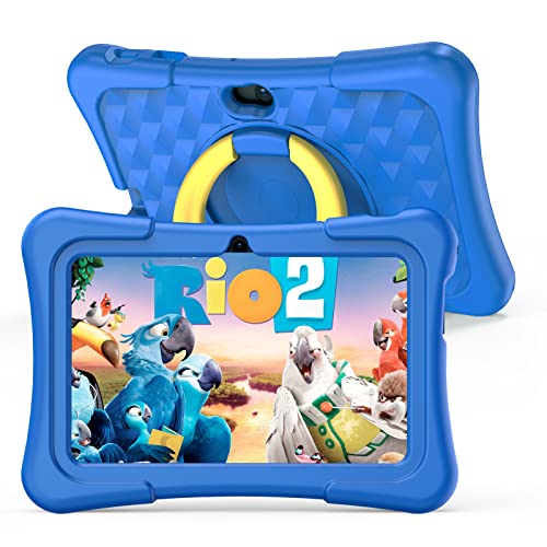 Pritom 7 inch kindertablet, Android 11, Quad Core, 2 GB RAM, 32 GB ROM, BT, WLAN, dual-camera, onderwijs, spelletjes, kinderbeveiliging, vooraf geïnstalleerde kindersoftware met kindertablet-hoes, type C, blauw