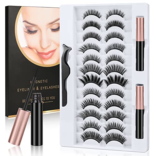 URAQT magnetische wimpers met eyeliner kit, 12 paar natuurlijke look valse wimpers en 2 buizen magnetische eyeliner, waterdichte eyeliner herbruikbare valse wimpers voor make-up wimpers extension