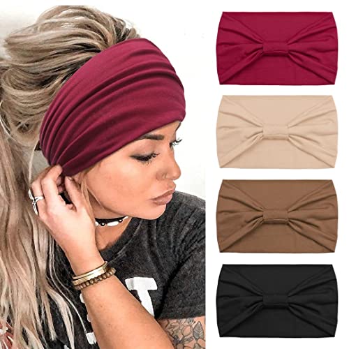 KAVYA 4 Stuks Haarband Dames Brede Hoofdband Elastische Zachte Boho Haarbanden Dames Meerkleurig Haaraccessoires Voor Dagelijks Sport Feest en Werk(C)