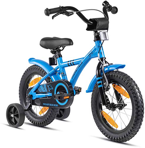 Prometheus Kinderfiets 14 inch jongens met zijwieltjes vanaf 3 en 4 jaar meisjes terugtraprem BMX model 2021 in blauw en zwart