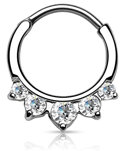 Piercing Boutique Chirurgisch staal Vijf CZ Gem Juweel Septum Clicker Neus Daith Ring 14g (1.6mm) Één Stuk - Helder