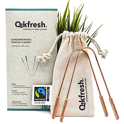 Qikfresh - 2 Tongreinigers 100% Koper, Fairtrade Katoenen Zakje | Antibacteriële Tongschraper, Stevige Handgrepen, Afvalvrije Verpakking, Tegen Slechte Adem