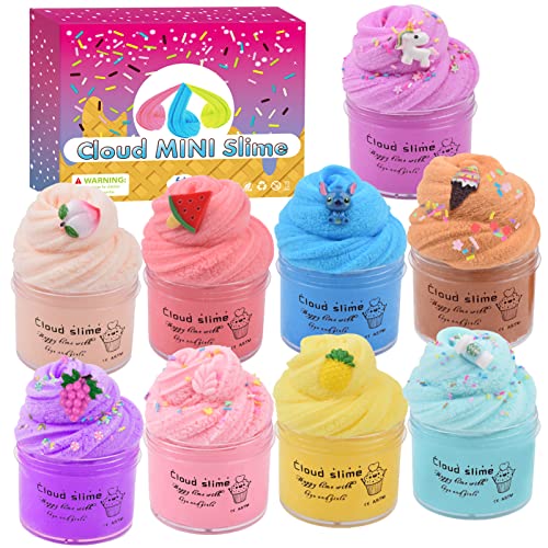 Pluizige slijm met 9 Pack Cloud Slime Kit, Eenhoorn Fruit Koffie en Stitch Slime Charms, Super Zacht en Stretchy, Slime Putty Stress Relief Toys voor meisjes en jongens.