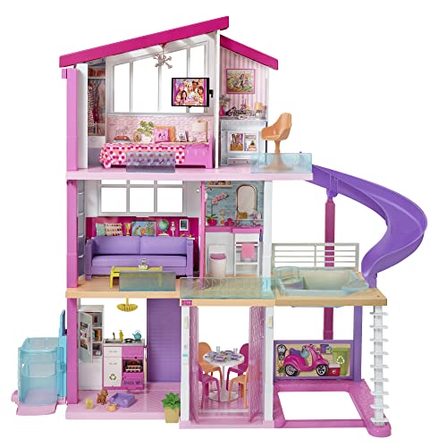 Barbie Droomhuis - Poppenhuis met 8 Kamers - Lift, Zwembad en Glijbaan - 70 Accessoires - 1 m hoog en 1,20 m breed - Cadeau voor Kinderen vanaf 3 Jaar