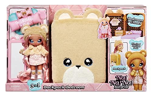 Na Na Na Surprise 3-in-1 Rugzak slaapkamer speelset SARAH SNUGGLES - Pluizige teddy berentas bevat Limited Edition zachte fashion pop met exclusieve outfit & meer - Verzamelbaar - Voor 5+ jaar