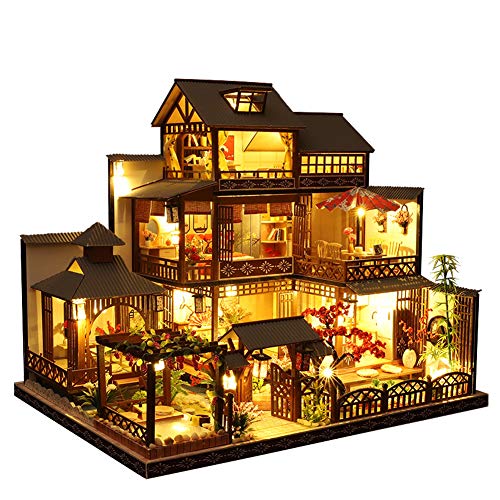 September - Japanse stijl retro villa poppenhuis miniatuur met meubels, DIY houten poppenhuis kit met ledlicht, schaal 1:24, creatieve ruimte voor verjaardagscadeau