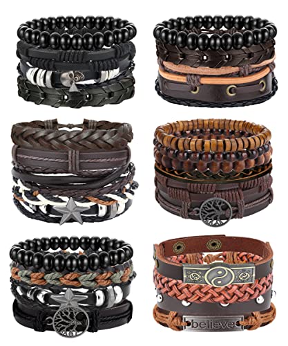 JeweBella 27 stuks leren armbandenset voor heren en dames, punk, gevlochten vintage tijgeroog, parels, zwart, bruin, boom of leven, manchetten, armband, touw, wikkelarmband, instelbaar, cadeau, Leer,