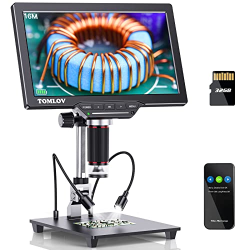TOMLOV 10,1'' HDMI digitale microscoop, 10'' verlengstuk, 16MP LCD muntbediende microscoop met scherm voor volwassenen, soldeermicroscoop, compatibel met TV/Windows/Mac, (32GB kaart inbegrepen)