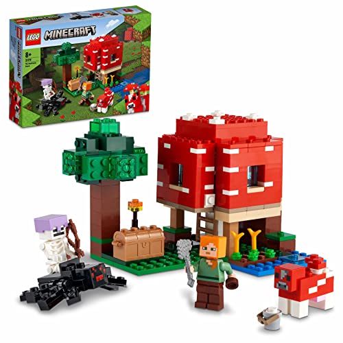 LEGO 21179 Minecraft Het Paddenstoelenhuis, Set voor Kinderen van 8 Jaar, Cadeau-Idee met Alex, Mooshroom & Spider Jockey