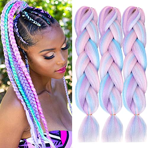 ColorfulPanda Kunsthaar, 3 stuks, jumbo-vlechten, 61 cm, 100 g Kanekalon-haarvlechten, extensions voor crochet en twist vlechten, haarkleur wit/roze/lichtblauw/lichtpaars