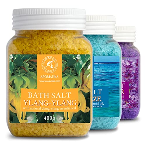 Badzout cadeauverpakking 3x 400g - met Lavendel, Sea Breeze en Ylang-Ylang - zeezout tegen acne - droge huid - spierpijn - vermoeidheid - huidverzorging - Anti-stress - bad - wellness - ontspanning