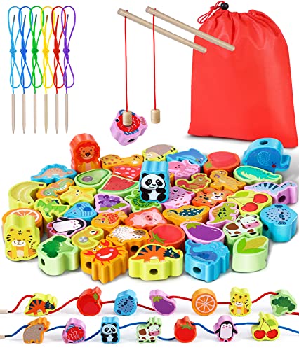 Jojoin Montessori 2-in-1 houten speelgoed, rijgspel, 46 pk, magnetisch visspel, speelgoed, fruit, groenten, dieren en antieke wezens, educatief speelgoed, cadeau voor meisjes van 3 tot 5 jaar, jongens en kinderen