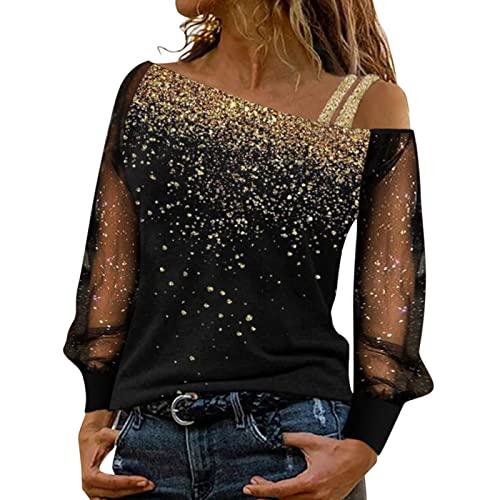 2022NIEUW- Sequin Lange Mesh Tops Print Casual Splice Schouderblouse Vrouwen Koude Losse Mouw T-shirt Vrouwen Blouse, Goud, M