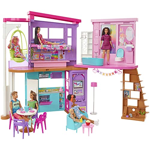 Barbie Malibu Huis - Opvouwbaar poppenhuis van 2 verdiepingen met 6 kamers en meubels, inclusief 30 accessoires - Vanaf 3 jaar - HCD50