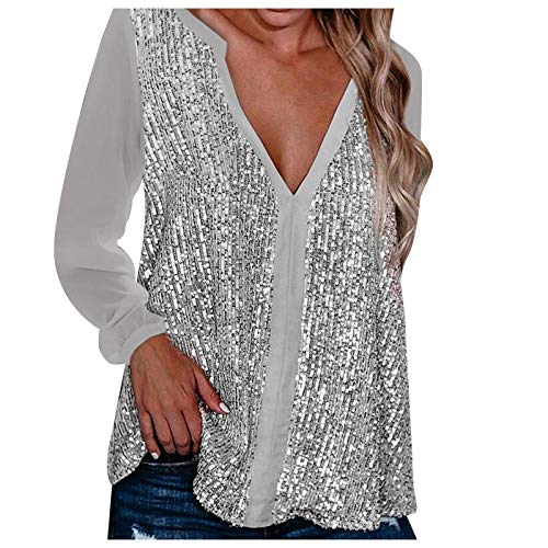ADMAY 2- Mouw V-hals Vouw Sexy Blouse Casual Lange Navel Kleur Tops Vrouwen Kraag Sequin Vrouwen Blouse, ZILVER, XXL