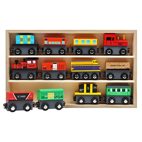 Kurtzy Houten Magnetische Trein Speelgoed Set met Opslag Doos (12 Pak) – Educatieve Locomotief voor Jongens & Meisjes 3+ jaar – Trein Voertuig Auto’s Compatibel met de Meeste Merk Trein Banen
