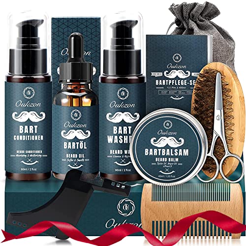Oukzon Baardverzorgingsset, 10 in 1 Baardverzorgingsset Cadeau voor Mannen - Baardshampoo, Baardconditioner, Baardolie, Baardbalsem, Baardkam, Baardborstel, Baardschaar, Baardsjablonen en Opbergtas