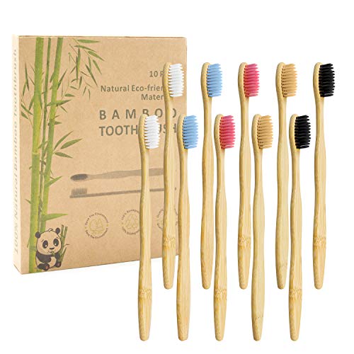 Bamboe tandenborstel, verpakking van 10 stuks, 5 kleuren, natuurlijke zachte borstelharen, biologisch afbreekbaar, milieuvriendelijke bamboe tandenborstel voor dagelijks gebruik met het gezin