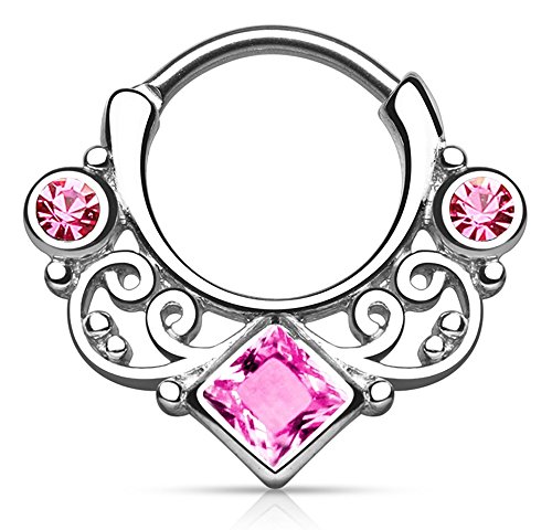 Piercing Boutique Chirurgisch Staal Vierkant CZ Gem Kant Septum Clicker Neus Daith Ring 16g (1.2mm) Een Stuk Roze