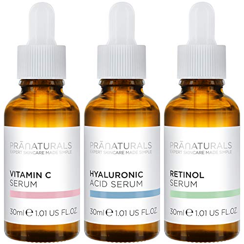 PraNaturals Skin Perfector Face Serums Kit 3x30ml, Hyaluronzuur, Retinol & Vitamine C, Huidverzorging Tegen Veroudering, Verwijdert Fijne Lijntjes en Rimpels, Verrijkt met natuurlijke oliën