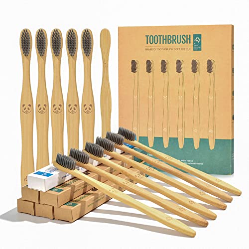12 stuks Eco-vriendelijke Houtskool Tandenborstels Natuurlijke Bamboe | Biologisch afbreekbare Zachte Varkenshaar Tandenborstel (12 Pack)