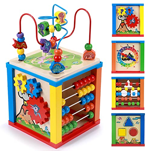 Toyssa 5-in-1 motoriek-dobbelsteen, kralen, labyrint houten speelgoed, activiteitendobbelstenen voor kinderen van 2 tot 4 jaar, activity center Montessori educatief speelgoed voor jongens en meisjes