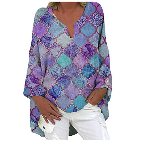 Zomerse tuniek voor dames, linnen blouse met lange mouwen, boho-print, bovenstuk, losse casual tops, casual, lange mouwen, print, losse V-hals, hemd, blouse, top
