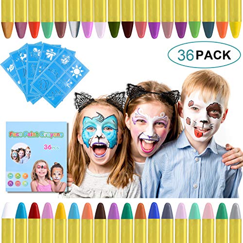 URAQT schmink voor kinderen, 36 kleuren schminkkrijtjes met 30 stuks schildersjablonen, veilige niet-giftige bodypaintkrijtjes, make-up voor Pasen/Halloween/Kerstmis/Cosplayfeest