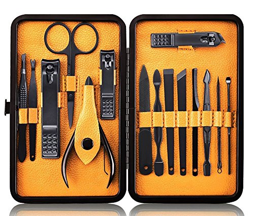 Manicureset Nagelset Nagelknipper Kit Professioneel - Roestvrijstalen pedicureset Nagelverzorgingsset van 15 stuks met koffer voor reizen (zwart/geel)