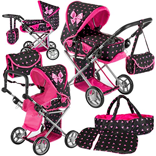 Poppenwagen Kinderplay KP0200R kinderwagen poppen combi baby kinderwagen voor pop zwart roze nieuw poppenwagen in hoogte verstelbaar, inklapbaar, draagtas met 4 wielen