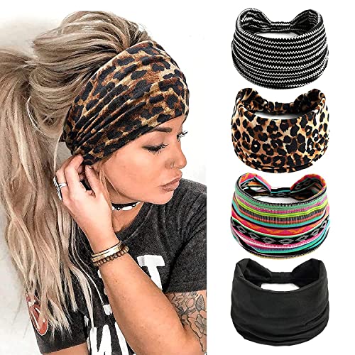 KAVYA 4 Stuks Haarband Dames Brede Hoofdband Elastische Zachte Boho Haarbanden Dames Luipaardprint Haaraccessoires Voor Dagelijks Sport Feest en Werk(A)