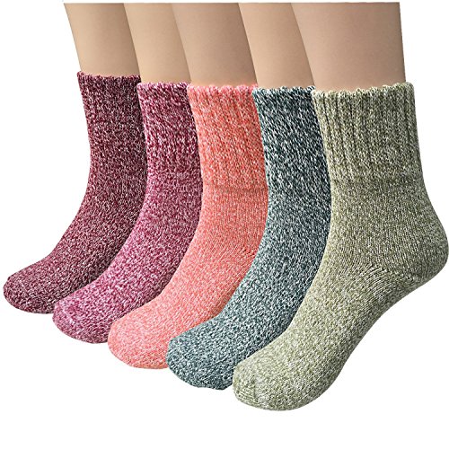 YSense Damessokken van wol, warme en comfortabele dikke sokken, geschikt voor de winter, 5 stuks, 1-roze, donkerrood, lichtgroen, donkergroen, paars, 35/40 EU